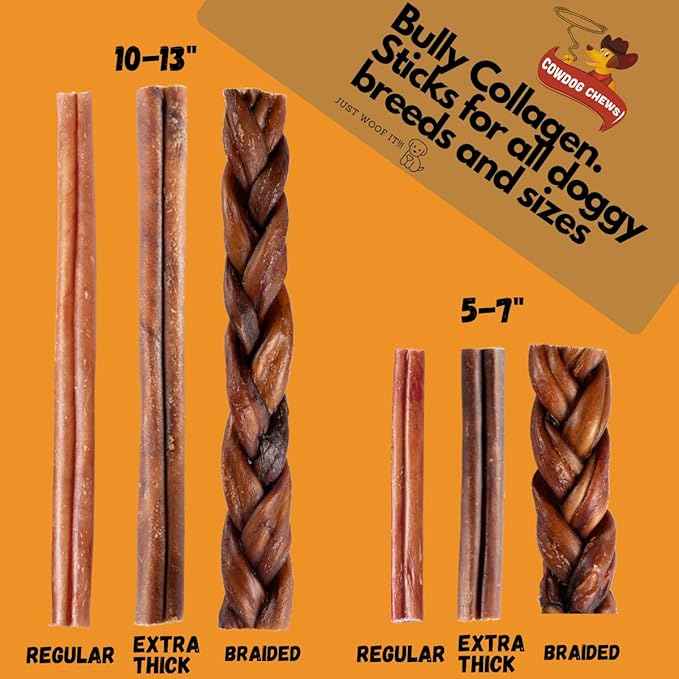 Cowdog Chews Beef Bully Stick: Odor-Free, Fully Digestible Beef Collagen Chews (5-7", 5 Count) - Natural, Grain-Free, Long-Lasting Collagen Bully Stick Substitute for All Dog Breeds