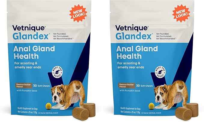 Vetnique Glandex Anal Gland Soft Chew Treats with Pumpkin for Dogs Digestive Enzymes, Probiotics Fiber Supplement for Dogs Boot The Scoot (30ct, Peanut Butter Chews) (Pack of 2)