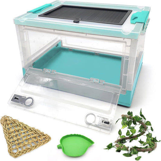 Hamiledyi Collapsible Gecko Tank Starter Kits, Reptile Travel Carrier 15.6" x 11.6" x 9.4" Small Portable Habitat Cages for Leopard Gecko, Bearded Dragon, Snake, Tortoise（Blue） - FurryFun