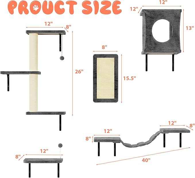 NUNU LAB Cat Wall Shelves, 5Pc Wall Mounted Cat Climber, Floating Perch, Bridge,Tree, House, Modern Indoor Furniture for Kitten - Gray