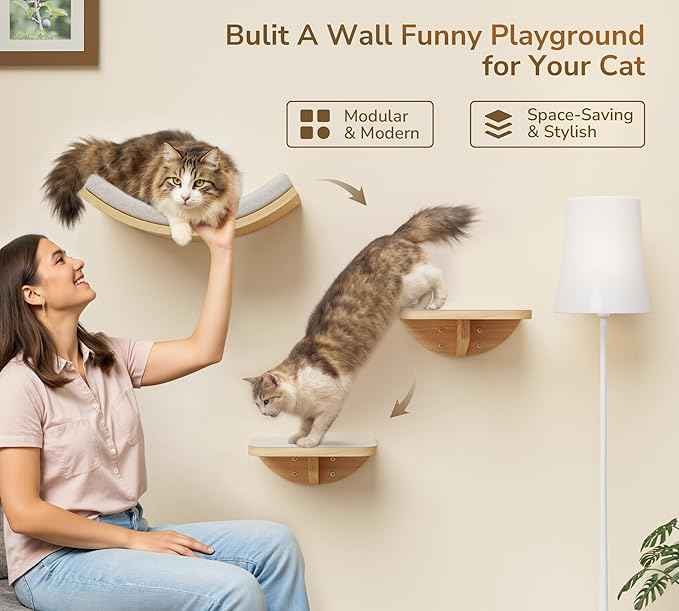 Wall Mounted Cat Steps 2 Pack – Square Wood Cats Shelves with Felt Cushions for Climbing, Jumping & Resting