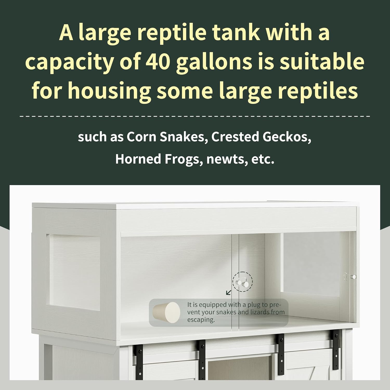 40 Gallon Reptile Terrarium with Stand, Reptile Tank with Barn Door and Storage, Vivarium with Acrylic Doors, Ventilated Mesh Top & Power Outlet, for Geckos, Lizards, Snakes White PX06RTW - FurryFun