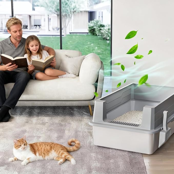 Stainless Steel Sifting Litter Box with Lid, Metal Litter Pan with Scoop for Big Cats Multi Cat, Extra Large Cats Litterbox Odor Control Easy Clean