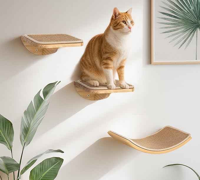 Wood Cat Wall Shelves with Sisal Mat – Cats Wall Furniture Steps for Large Cats, Perfect for Play and Vertical Movement