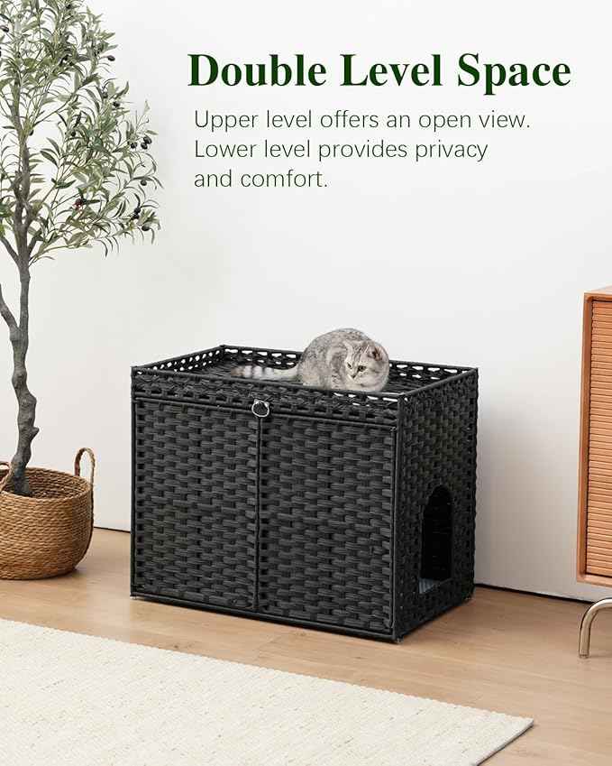 Cat Litter Box Enclosure Furniture, Hidden Litter Box, Cat Litter Box Cabinet with 2 Litter Mats, Handwoven Rattan Large Space Cat House, Indoor for Living Room, Bedroom, Apartment Black