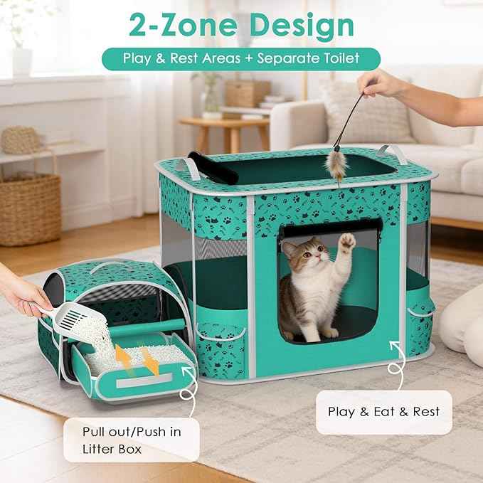 Cat Playpen - Portable Dog Playpen with Litter Box, Foldable Soft Dog Crate for Indoor/Outdoor, Pop Up Cat Enclosure, Collapsible Puppy Kitten Rabbit Cage Tent，2-Room