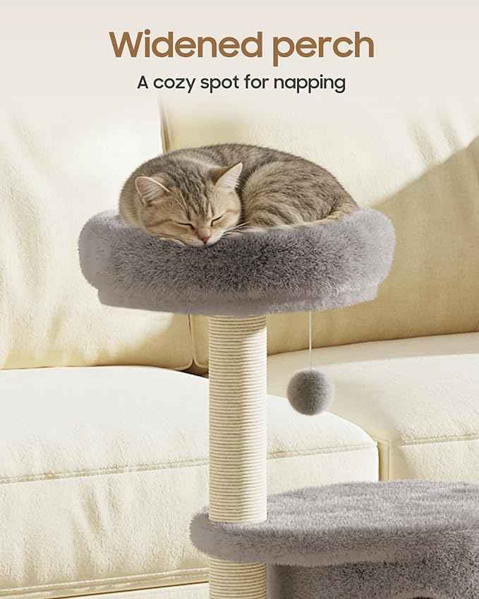 Cat Tree, 34.3 Inches Cat Tower with Scratching Post, Condo, Interactive Hanging Ball, Plush Perch for Indoor Large Cats, Gray