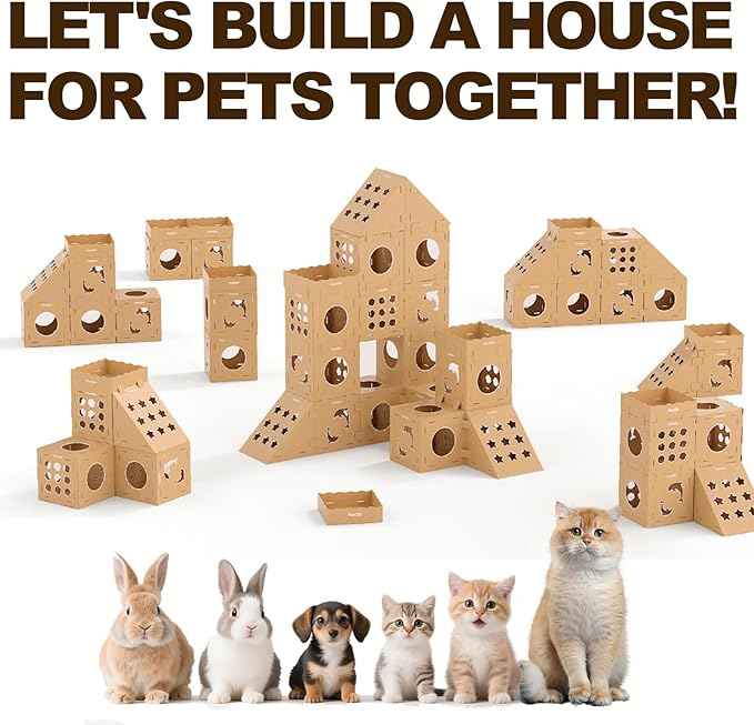 DIY Cat House with Scratcher Cardboard, Condo with Scratching Pads,Cats Play House, DIY Modular Cat Boxes, Indoor Kitty Scratcher Hideout for One or More Cats, Cat Tower Castle Tunnel, 5 Parts