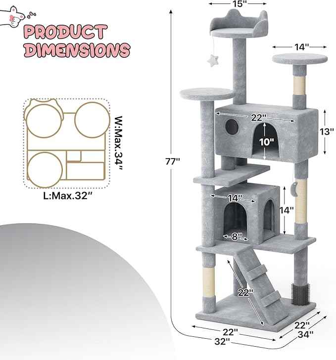 MoNiBloom 77 Inch Cat Tree Tower for Indoor Cats Large Adults, Tall Cat Tower with Scratching Post, Multi-Level Furniture Activity Center with Cat Condo Pet Play House, Light Grey