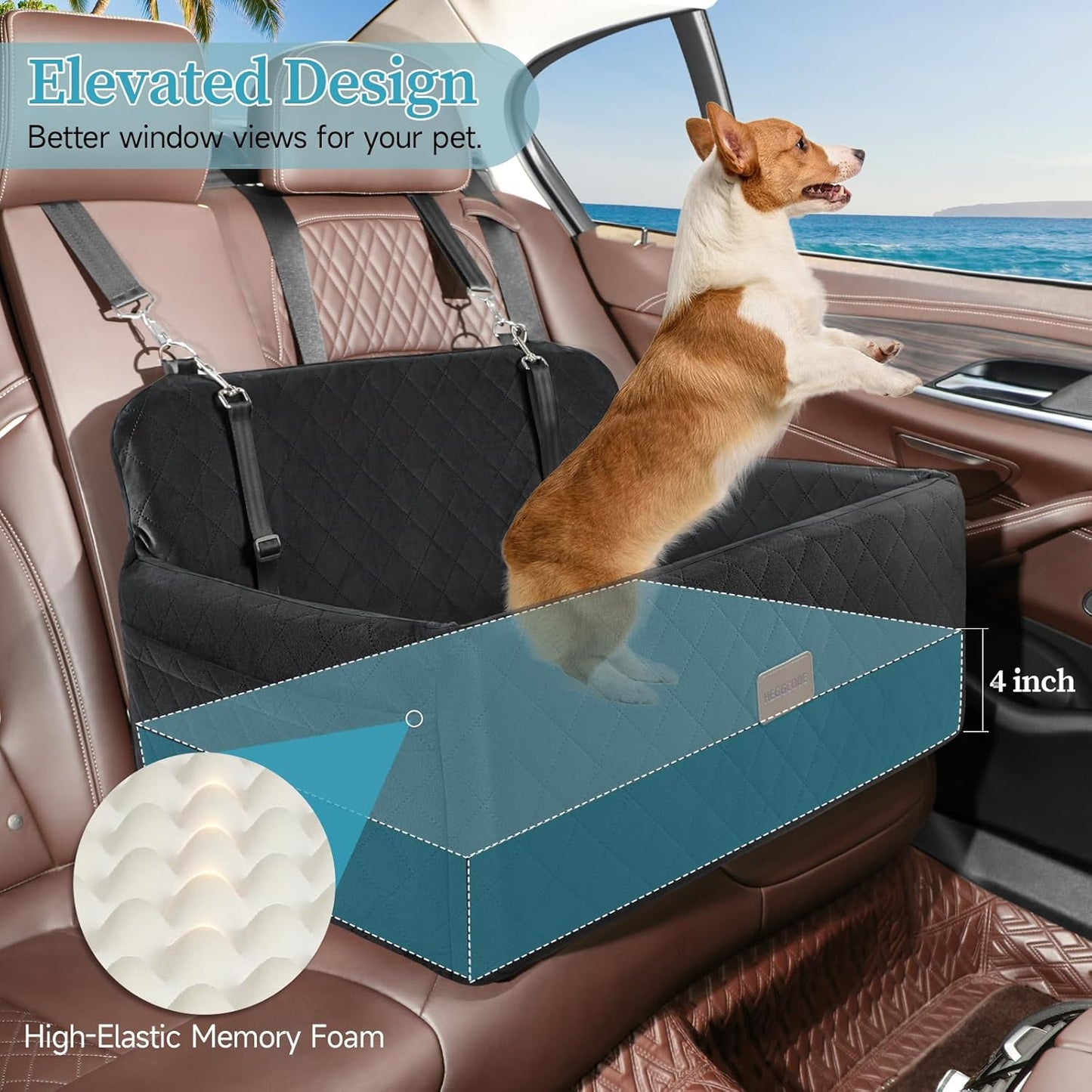 Dog Car Seat for Medium/Large Dogs, Pet Booster Seat for Under 55 lbs or 2 Small Dogs, Detachable & Washable Dog Car Bed for Backseat with 2 Safety Leashes(Black)