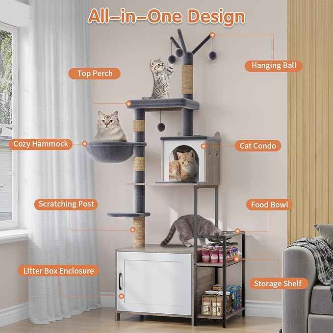 HavenlyYouth Cat Tree with Food Station and Litter Box Enclosure, Multi-Level Cat Tree Tower with Sisal Scratch Posts for Playtime, Plush Hammock in Gray for Cozy