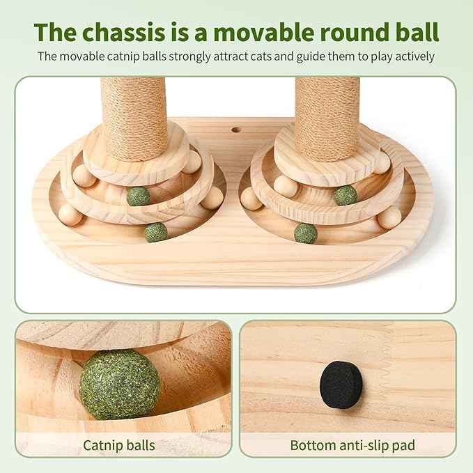 Fun Cat Tree Tower 23" Tall, 4-in-1 Interactive Cat Scratching Post with Sisal Scratcher, Trackball Chaser Toys & Dangling Plush Balls, Vertical Play Focused Cat Furniture for Indoor Kittens