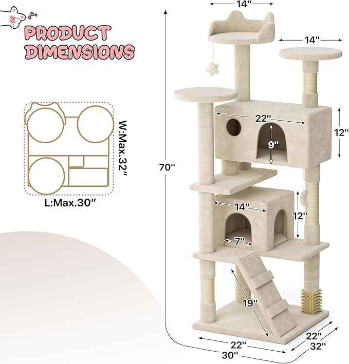 MoNiBloom 70 Inch Cat Tree Tower for Indoor Cats Large Adults, Tall Cat Tower with Scratching Post, Multi-Level Furniture Activity Center with Cat Condo Pet Play House, Beige