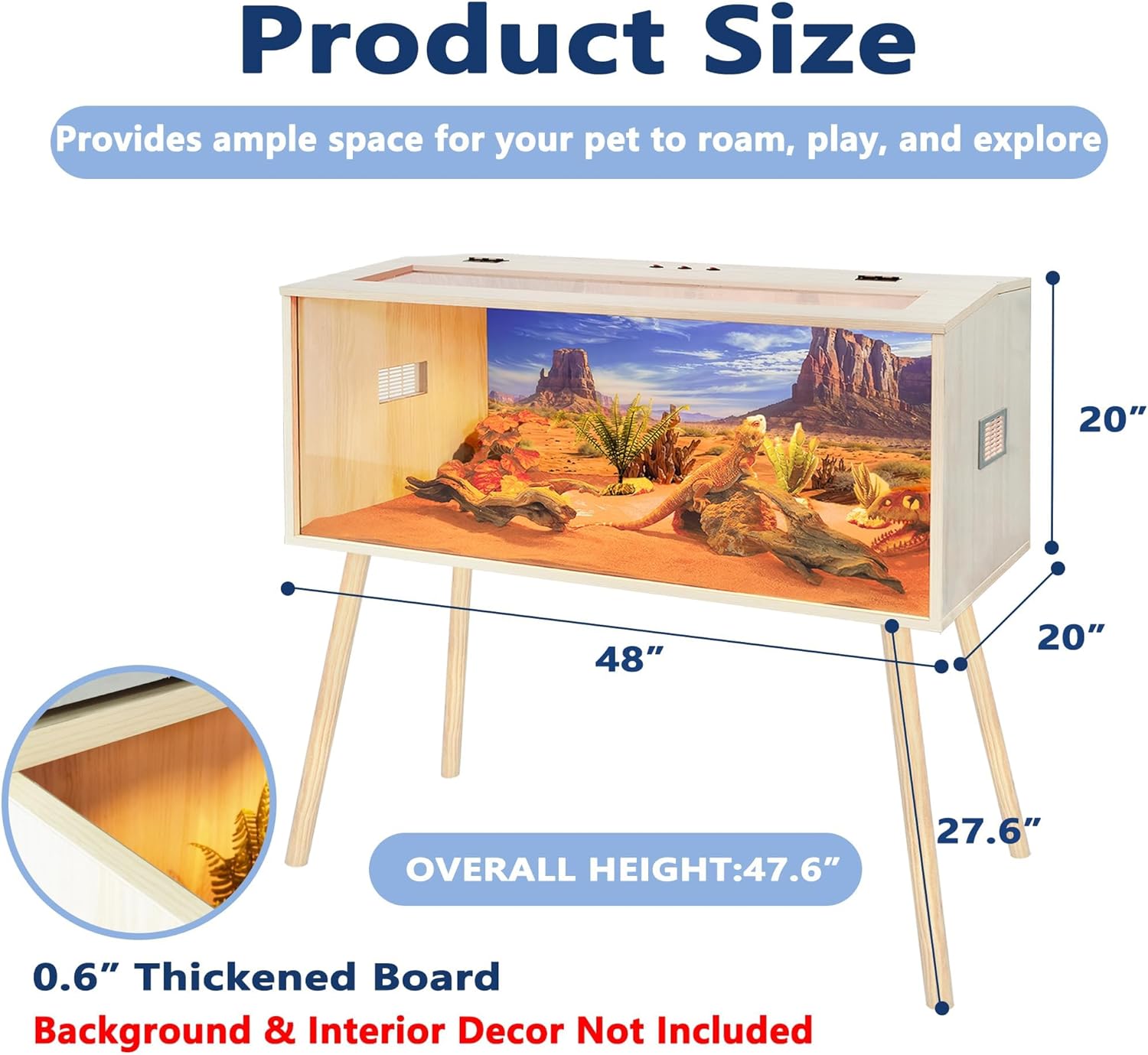 Prolee Reptile Terrarium, Lizard Tank Up to 68 Gallons, Bearded Dragon Tank with Roof Door, Snake Tank with Built-in Lamp Fixture and Switch, with Leg Stand (Oak, 68 Gallons, 48" Length) - FurryFun
