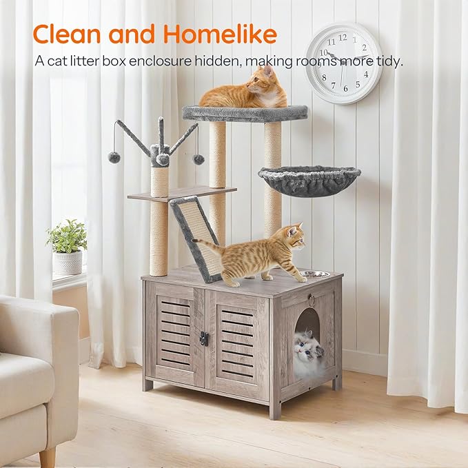 HOOBRO Cat Tree with Litter Box Enclosure, 44" Tall Wooden Cat Tower with Scratching Posts, Cat Hammock, Hidden Litter Box Furniture, All-in-One Indoor Cat Condo, Greige BG48MZ03