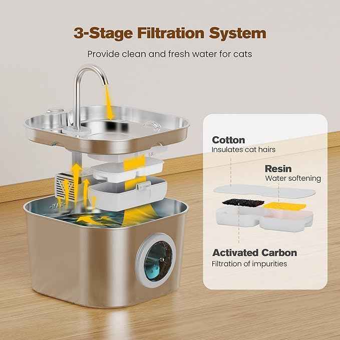 Cat Water Fountain with 8 Filters + 5 Sponges,Small Pet Waterer Dispenser Fountains for Drinking Cats Indoor Metal Automatic Waterer Bowl 24/7 Running Auto Kitty Watering Supplies Quiet Pump