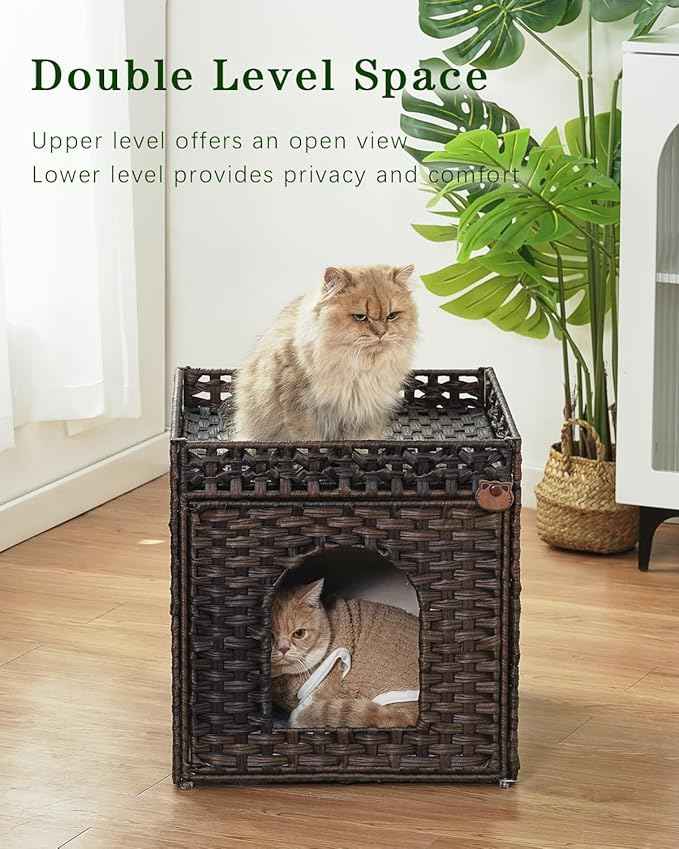Cat Beds for Indoor Cats Extra Large Double Cat Cave Pet Cube, Handwoven Rattan Cat Houses with Double-Sided Soft Cushions, 18.5 x 20.5 x 19.1 Inches Foldable Hideaway in Living Room Brown