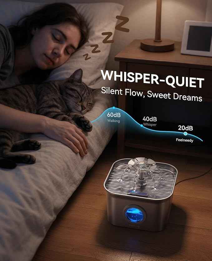 Stainless Steel Cat Water Fountain, 2.8L with 20dB Ultra-Quiet Pump- Ideal for Timid Pets, LED Water Level Window, Dishwasher Safe, 24/7 Circulation- Includes 9 Replacement Filters
