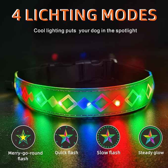 LED Dog Collar with AirTag Holder and Custom ID Tag, 15 Light Modes, Waterproof, Multiple Colors (Green Pro, XL(19.7-23.6"))