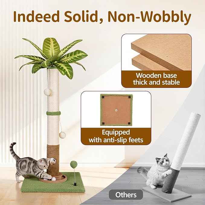 Tall Cat Scratching Post Vertical Pole for Indoor, 35" Palm Tree Sisal Scratch Post for Large Cats Kittens, Heavy Duty Wooden Carpet Pole with Ball Track Leaves, Furniture Protection