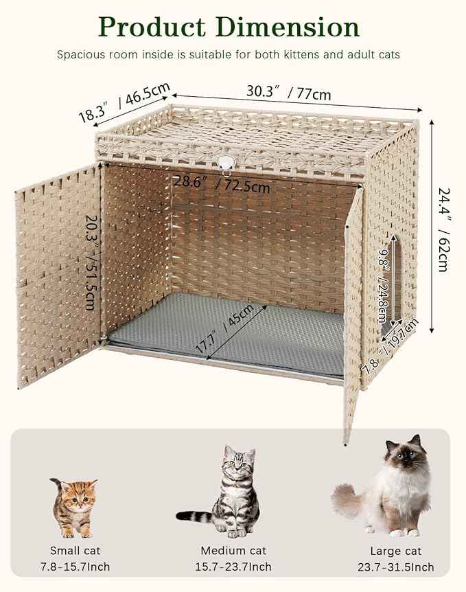 Cat Litter Box Enclosure Furniture, Hidden Litter Box, Cat Litter Box Cabinet with 2 Litter Mats, Handwoven Rattan Large Space Cat House Indoor, Living Room, Bedroom, Apartment Light Khaki