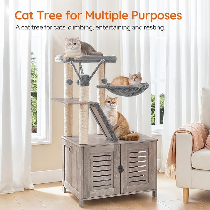 HOOBRO Cat Tree with Litter Box Enclosure, 44" Tall Wooden Cat Tower with Scratching Posts, Cat Hammock, Hidden Litter Box Furniture, All-in-One Indoor Cat Condo, Greige BG48MZ03