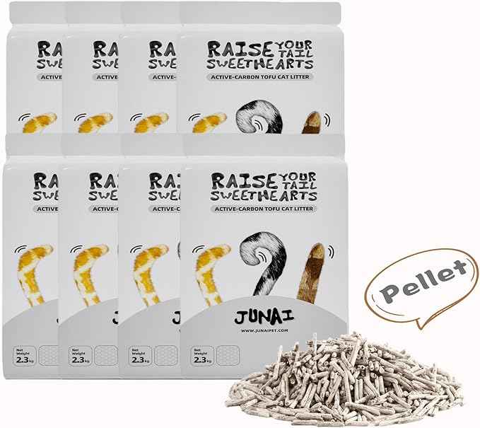 JUNAI Tofu Cat Litter 8 Packs(2.3kg x 8), Active-Carbon Natural Clumping Cat Litter Pellet flushable Biodegradable Kitty Litter, Good for All cat Litter Box, Lightweight dust Free and Odor Control