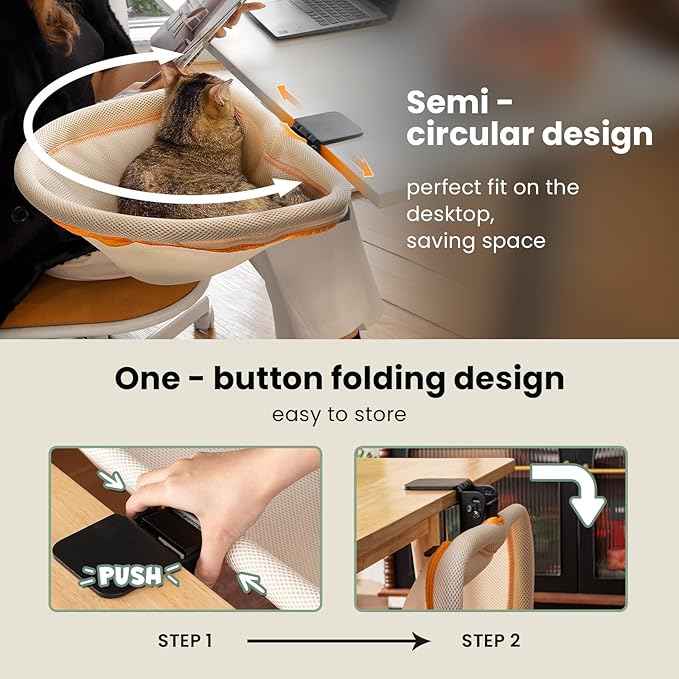 Cat Desk Bed - One-Click Folding, Sunken Design & Space-Saving Semi-Circular Cat Bed, Mesh Cover Material, Suitable for Various Desktops-Maximum Hold Up to 40lb