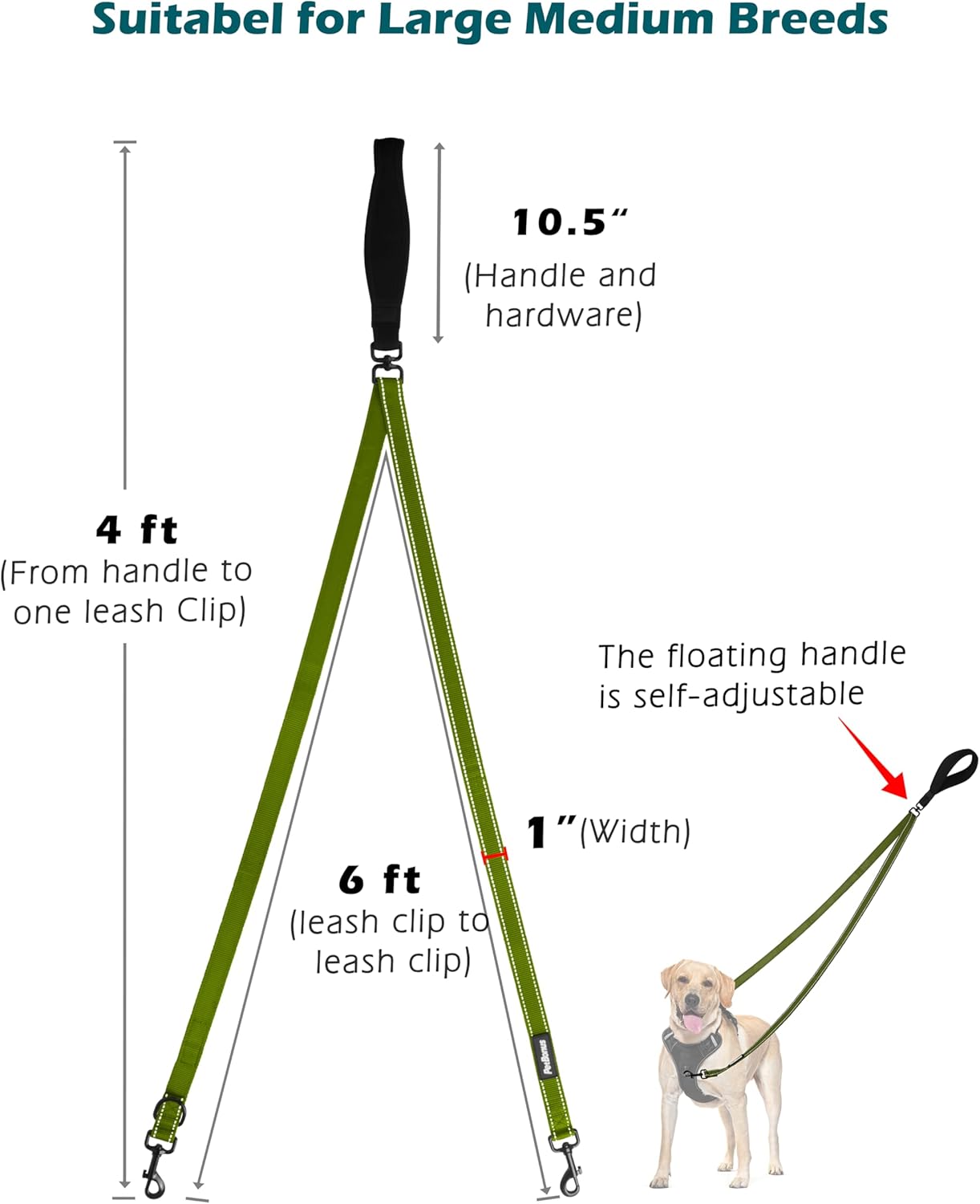 PetBonus Two Point Control Dog Leash, Works with No Pull Harnesses, No Tangle Dog Training Leashes, No Pull Padded and Reflective Walking Lead, Converts to Single Leash for Large Dogs (Khaki Green)