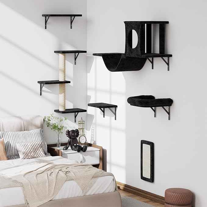 NUNU LAB Wall Mounted Cat Wall Shelves, 12-in-1 Cat Wall Climber with Condos House, Scratching Post, Bridge Ladder, Indoor Space-Saving Furniture for Kittens Play, Black