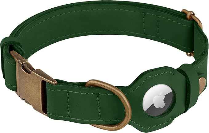 AirTag Dog Collar - Genuine Leather Dog Collar with Apple AirTag Holder and Metal Buckle - Smart GPS Tracking Pet Collars (Dark Green, XS, 9"-12" Neck Fit)
