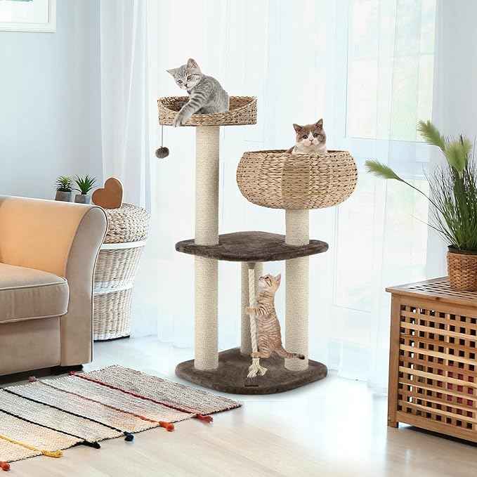 PETSITE 41 Inch Modern Cat Tree for Indoor Cats, Multi-Level Cat Tower with Scratching Posts, Hand-Made Wicker Cat Condo & Top Perch, Dangling Ball, Sisal Rope, Cute Cat Tree for Indoor Cats