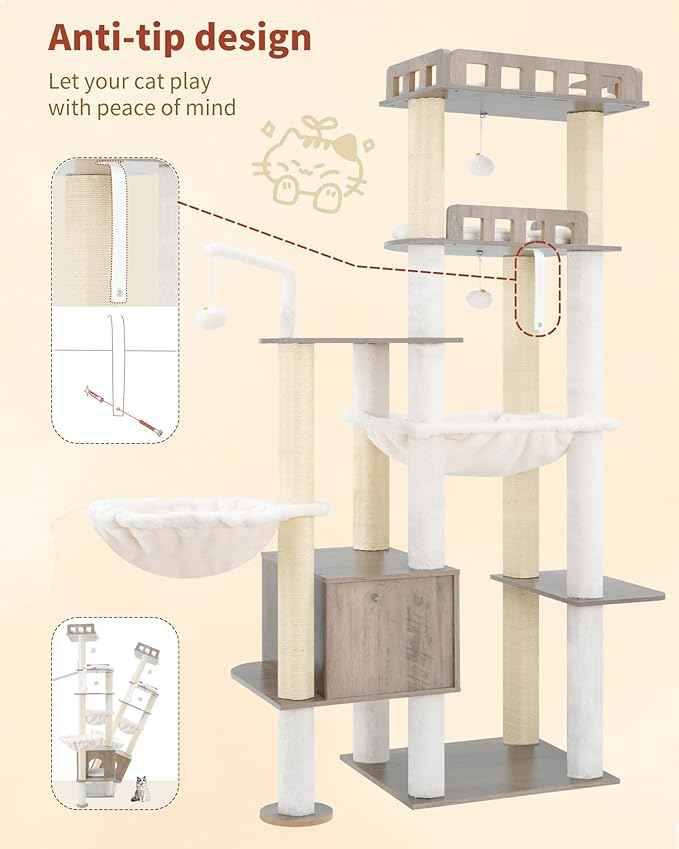 Heybly Cat Tree, 70.5 Inch Wood Tall Cat Tower for Large Indoor Cats with Extra Stable Structure, Modern Cat Furniture with All-Sisal Scratching Posts, Cat Condo & Hammocks, Greige HCT121SG