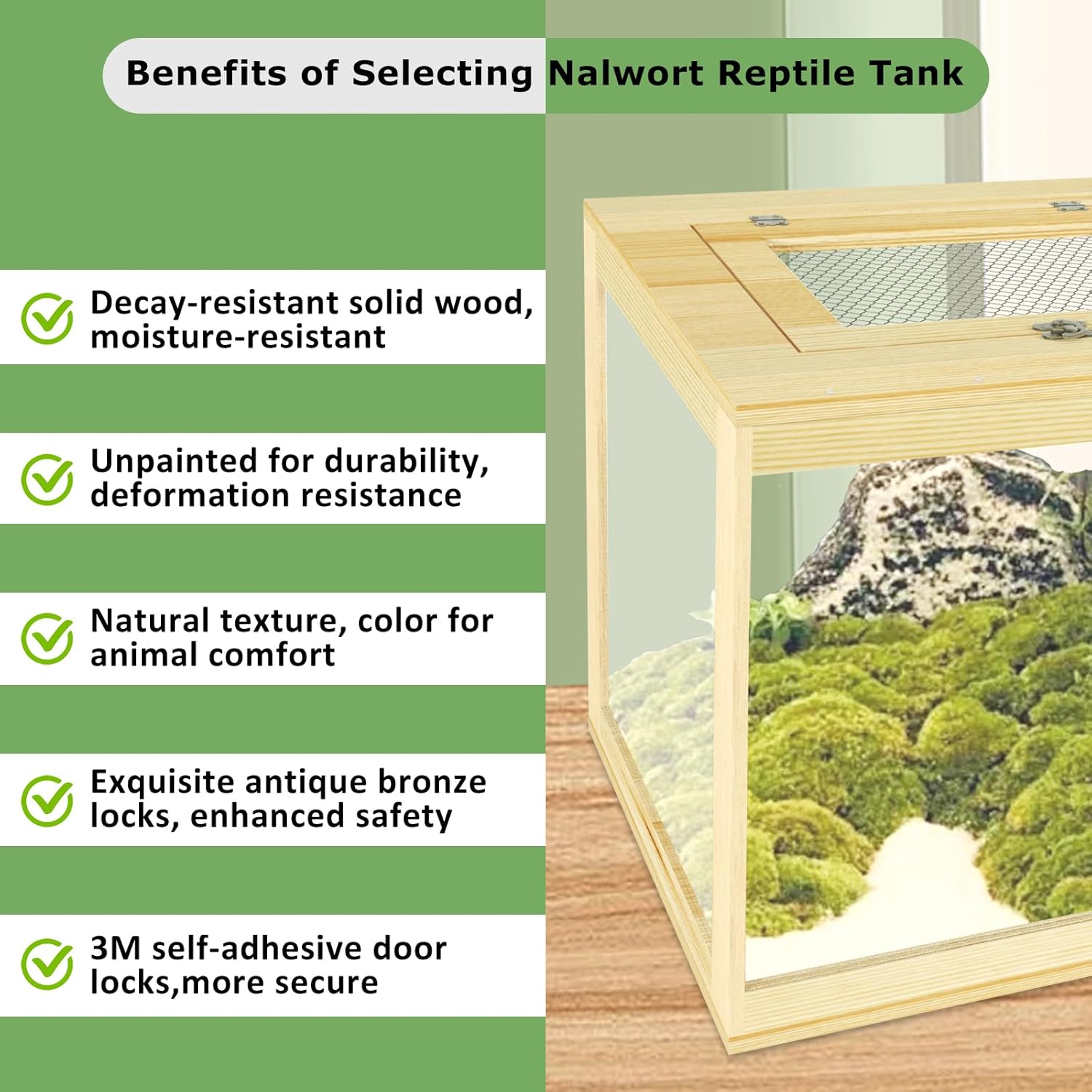 67 Gallon Reptile Tank - 40" Lockable Sliding Door Bearded Dragon & Snake Tank with Metal Mesh Roof, Front Opening Terrarium for Lizards, Leopard Gecko (Wood, 40" x 20" x 20") - FurryFun