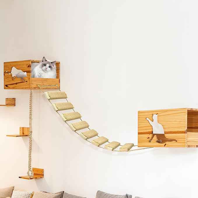 Multi-Functional Cat Ladder & Bridge - Sisal Rope Climbing Frame Wall Furniture for Indoor/Outdoor Cats, Cage Accessories, Parrots, Small Pets (Wood Tone)