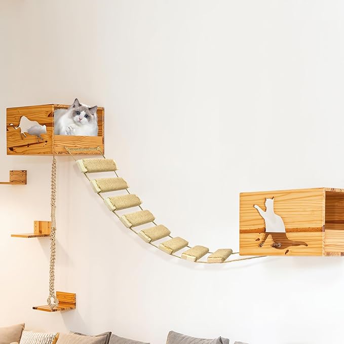 Adjustable Cat Ladder & Bridge - Multi-Functional Wall Furniture Climbing Frame | Sisal-Rope Wrapped Rungs for Secure Climbing | Indoor Cats, Small Pets | Cage Accessories (Wood)