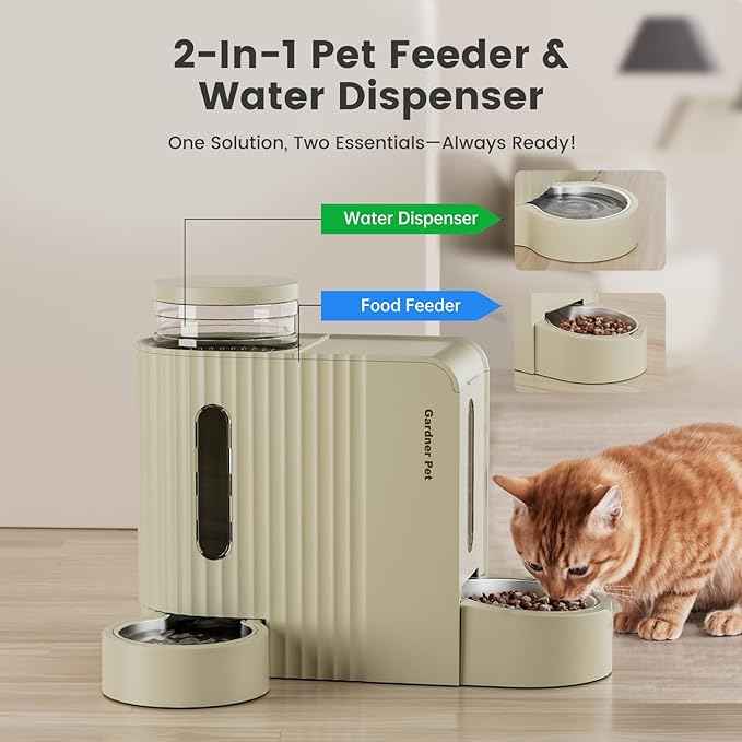 Gardner Pet Gravity Automatic 2-in-1 Pet Feeder, 0.8 Gallons*2 Cat Feeder and Water Dispenser Set, 100% BPA-Free Feeder and Stainless Steel Water Dispenser for Dogs, Cats, Rabbits, Puppies (Beige)