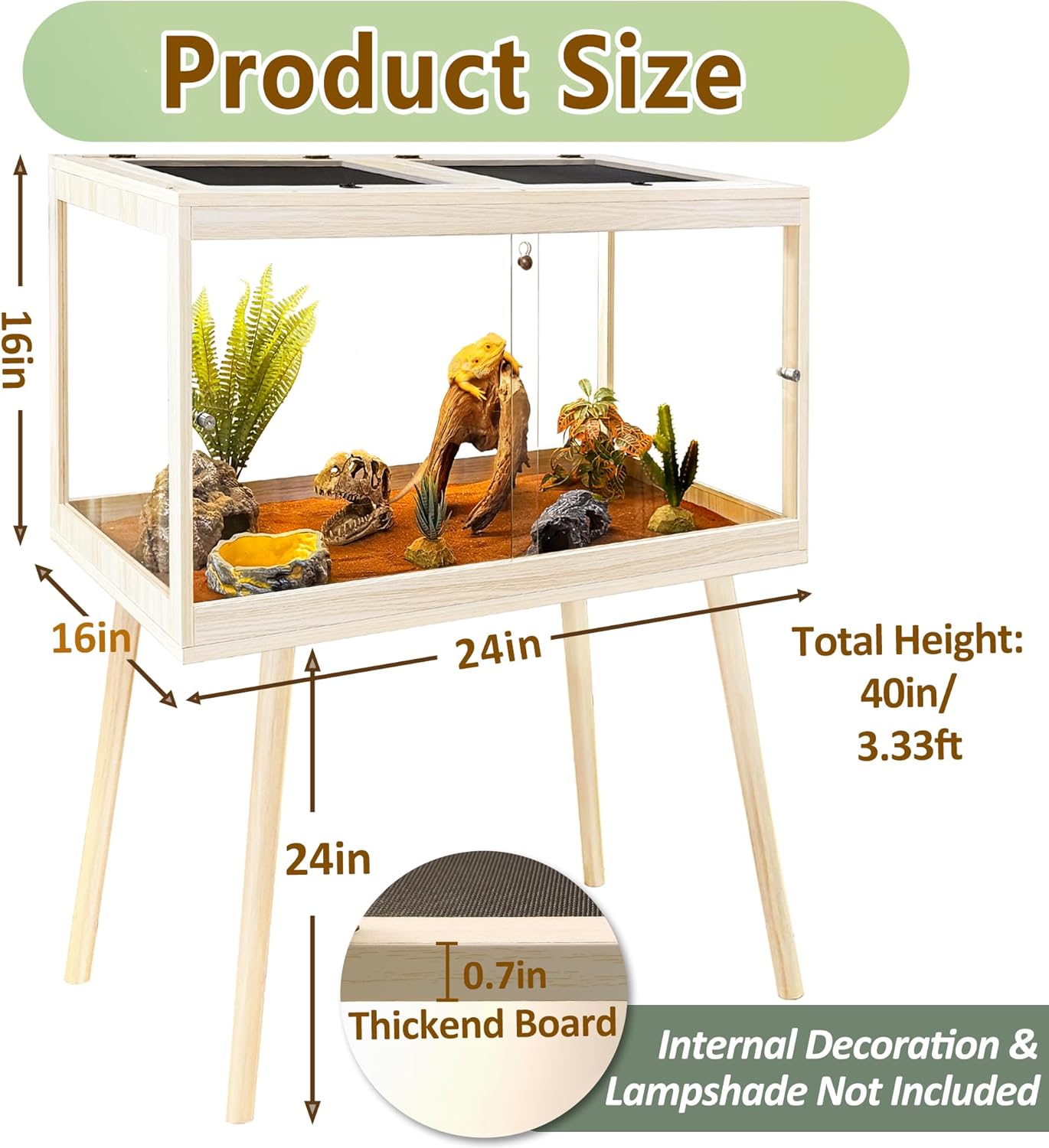 PROLEE Tempered Glass Reptile Enclosure with Leg,24“ Scratch-Proof Bearded Dragon Tank,28 Gallon Lizard Tank with Metal Mesh Tops and Lockable Door,Spacious Reptile Habitat for Snake,Lizard (Oak) - FurryFun