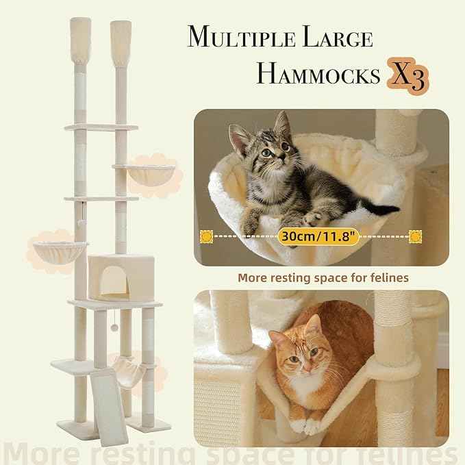 Floor to Ceiling Cat Tree Height (85-112 Inches) Adjustable, Tall Cat Tower 7 Tiers Activity Climbing Tower, Large Cat Tree with Cozy Hammocks, 5 Platforms and Scratching Posts for Indoor Cats-Beige
