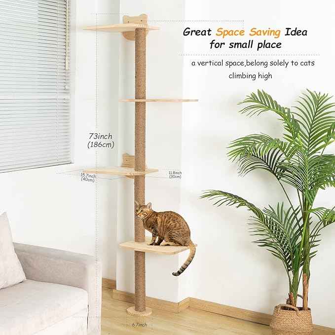 Cat Tree Wall Mounted,Tall Scratching Post for Indoor Cats Climbing Tower Activity Wood Cat Wall Furniture(Wood)