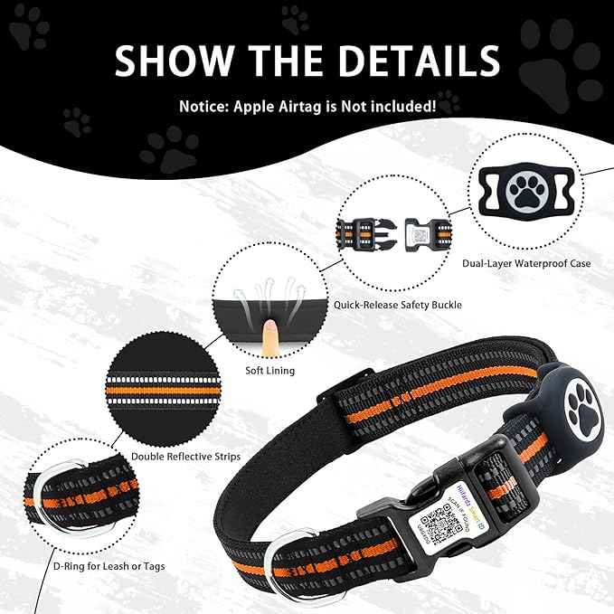 Airtag Dog Collar with QR Code Tag - Reflective Adjustable Nylon Collar, Quick Release Buckle for Small Medium Large Dogs, Comfortable Padded Lining (Orange, L)