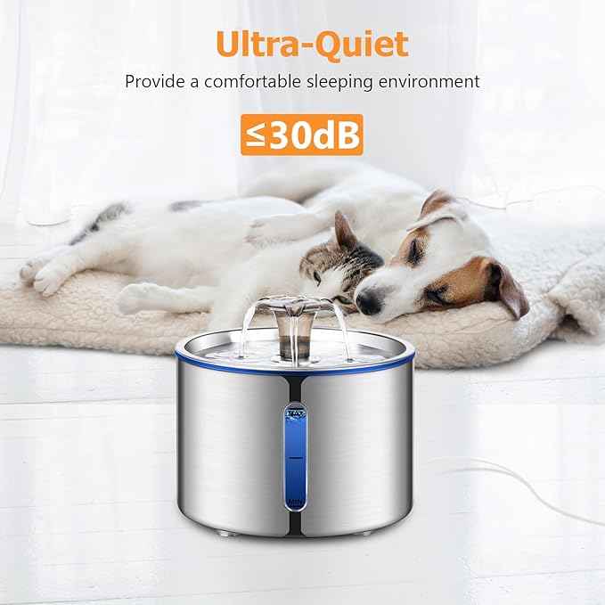 Cat Water Fountain, 84oz/2.5L Stainless Steel Pet Water Fountain for Cats, Dogs and Multiple Pets, Automatic Dog Water Dispenser with Water Level Window, Ultra-Quiet Pump