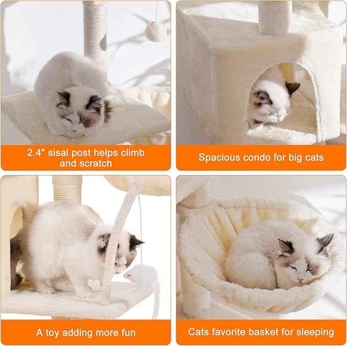 Heybly Cat Tree with Toy, Cat Tower Condo for Indoor Cats, Cat House with Padded Plush Perch, Cozy Hammock and Sisal Scratching Posts, Beige HCT004M