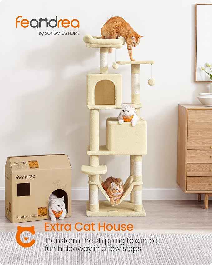 Feandrea Cat Tree, 59.5-Inch Tall Cat Tower, Plush Multi-Level Condo with 5 Scratching Posts, 2 Perches, 2 Caves, Hammock, 2 Pompoms, Beige UPCT192M01