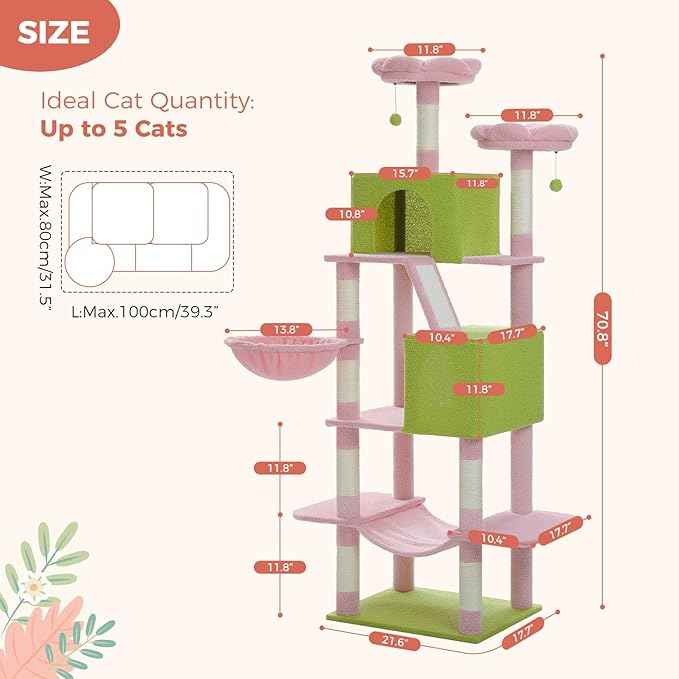 Flower Cat Tree Tall 70.8" for Adult Indoor Cats, 8-Levels Large Cat Tower with 8 Sisal Posts, 2 Hammocks, 2 Condos, Big Perch & 3 Pom Poms for Multi-Cats Household – Carpet Pink