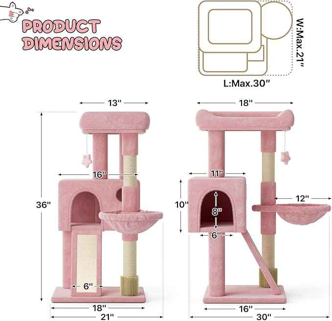 MoNiBloom 36 Inch Cat Tree Tower with Condo, Small Cat Tower with Scratching Post & Sisal-Covered Scratching Board, Climbing Tower with Hammock, for Indoor Cats, Soft Pink