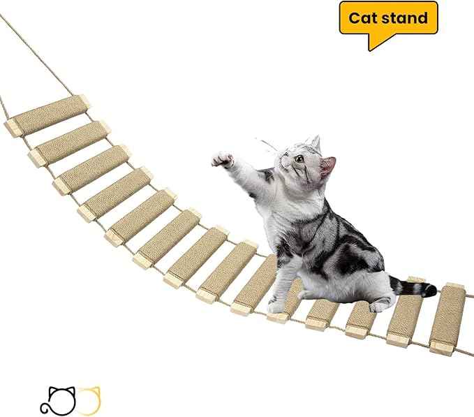 40in Cat Ladder & Bridge, Outdoor Cat Tree with Jute Rope, Multi-Level Climbing Frame & Scratcher for Indoor/Outdoor Cats (Wood Tone, 40in)