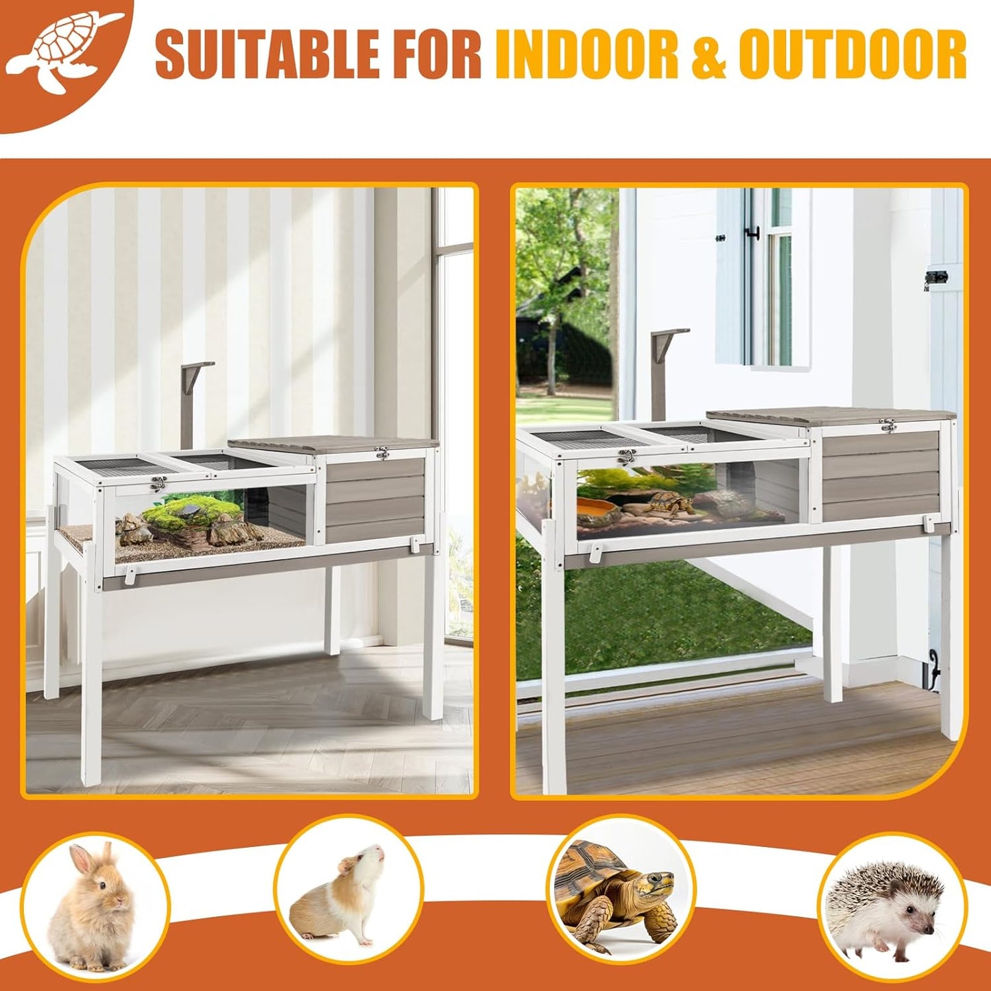 Tortoise Habitat Large Wooden Tortoise Enclosure Habitat with No-Leaking Tray Indoor & Outdoor, Reptile Cage for Small Animals TOR03-Grey - FurryFun