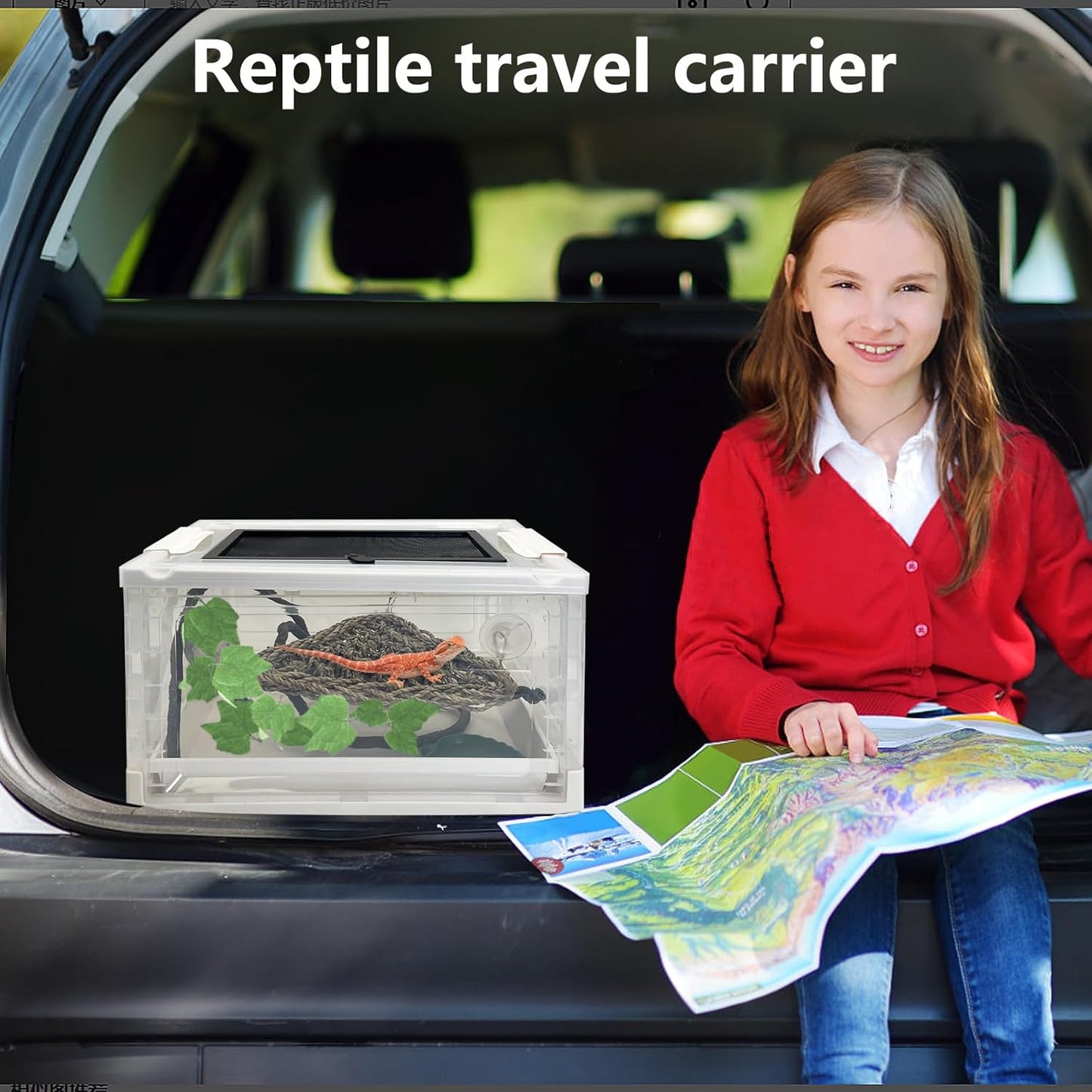 Hamiledyi Collapsible Gecko Tank Starter Kits, Reptile Travel Carrier 15.6" x 11.6" x 9.4" Small Portable Habitat Cages for Leopard Gecko, Bearded Dragon, Snake, Tortoise（White） - FurryFun