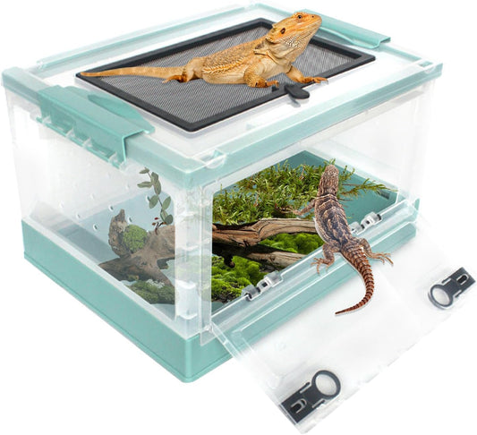 PINVNBY Plastic Reptile Feeding Box with Wheels,Reptiles Breeding Enclosure Cages Transparent Amphibians Habitat Terrarium Tank Portable Transport Container for Lizard,Bearded Dragon(Blue) - FurryFun